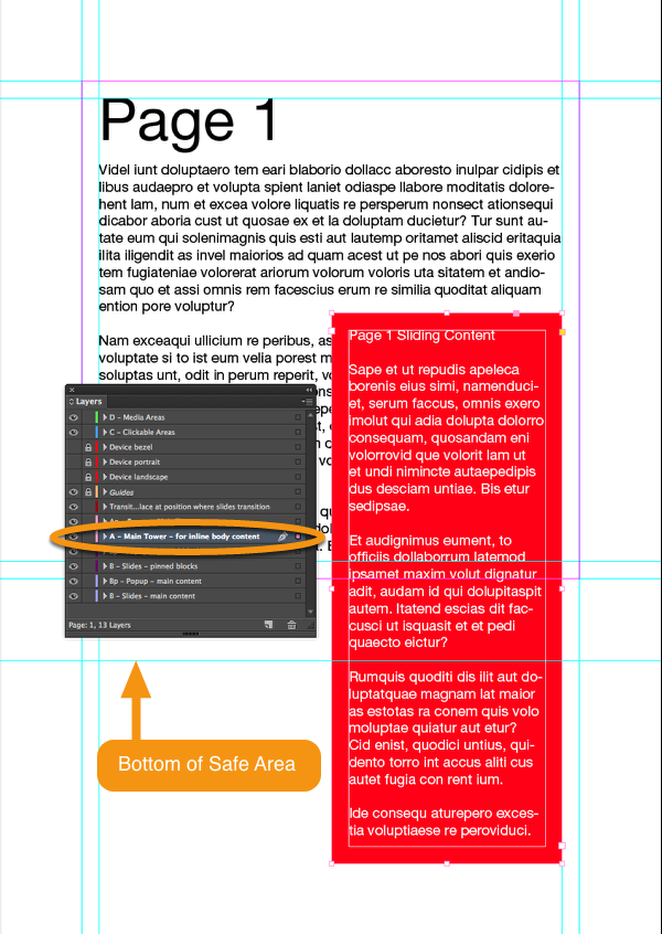 Place a red text frame with some content that goes below the safe area on the A-Main Tower layer in InDesign.