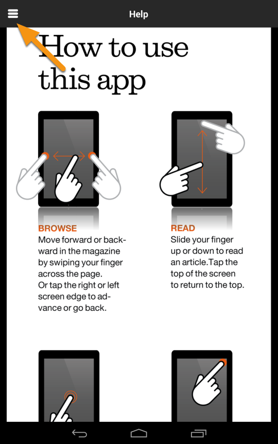 Tap the screen to get the action bar and press the menu icon.