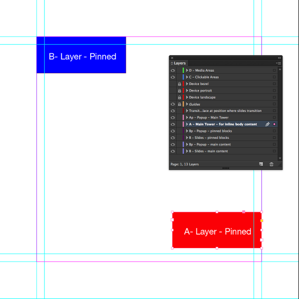 Create a text frame with the text &quot;A - Layer - Pinned&quot; and set the background color to red.