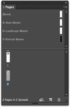 Drag the other orientation master below Page 1 in your Pages panel to create an alternate layout. 