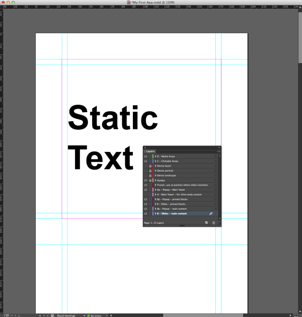 Draw a text box with the words "Static Text" within the guides on the B-Slides-Main Content layer.