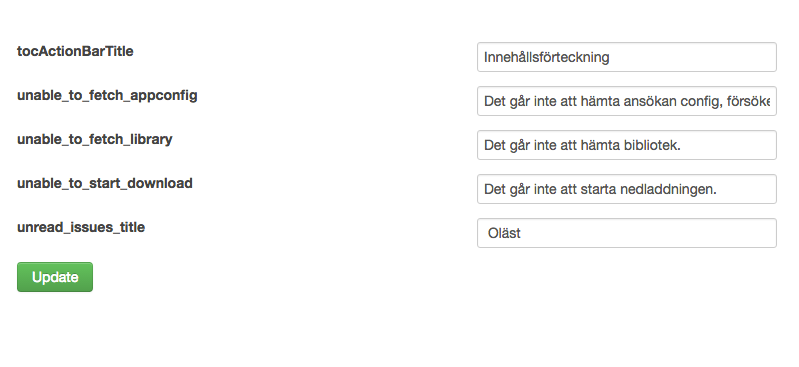 5. Translate or edit the text fields and click the "Update" button at the bottom