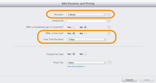 For iOS, Free Trials are specified in iTunes Connect for Auto-Renewable Subscriptions in the Duration screen.