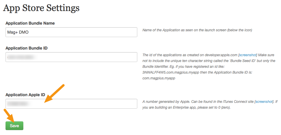 Enter the Apple ID you copied into the field labeled &quot;Application Apple ID&quot; and click on &quot;Save.&quot;