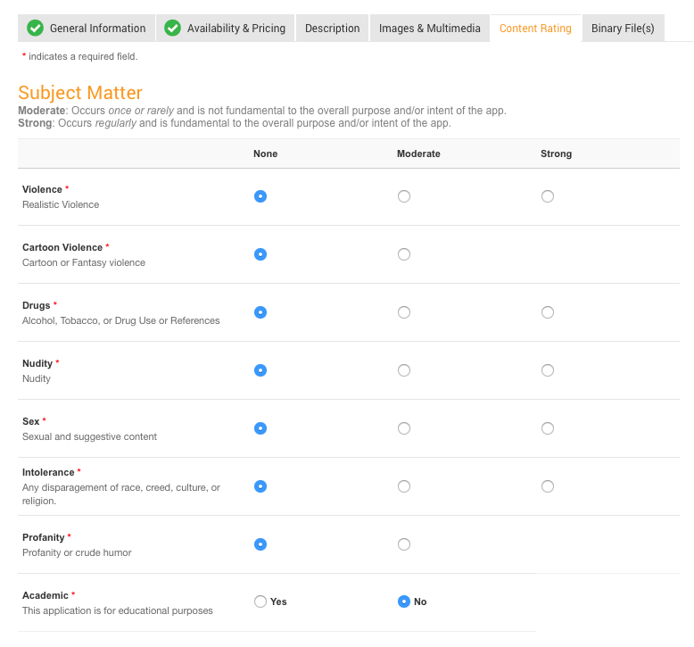 After confirming the warning, you should fill out the Content Rating tab as appropriate and then click on "Save."