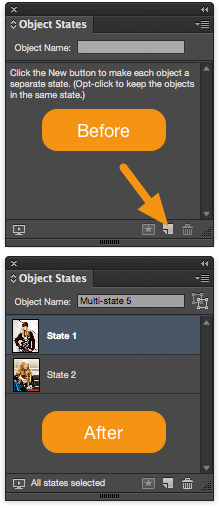 Select the image box and the grouped object and then click the &quot;Convert to multi-state object&quot; button at the bottom of the Object States panel.