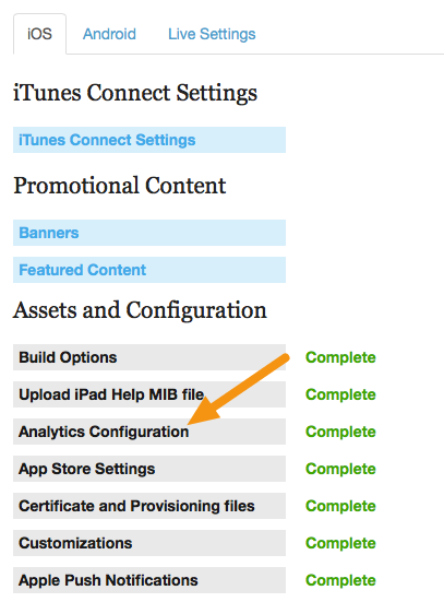 Under the iOS or Android tab, click on the "Analytics Configuration" link.
