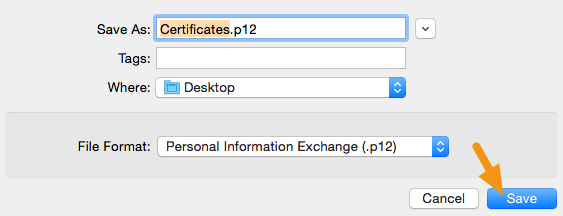 In the window that appears, make sure the File Format is set to &quot;Personal Information Exchange (.p12)&quot; and click on &quot;Save&quot; to save it to your machine.