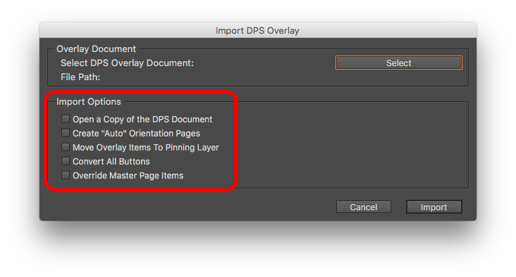 Select the appropriate 'Import Options' that best fit how you want to convert your DPS Overlay document