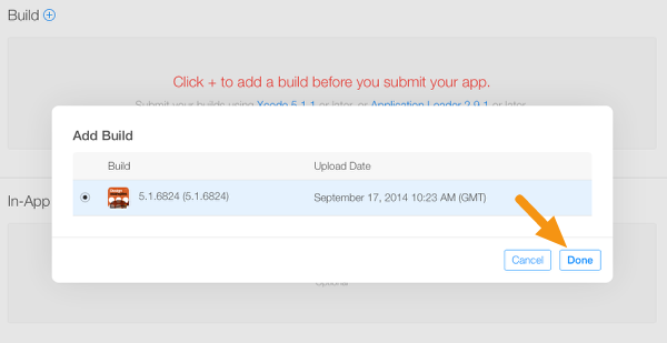 In the window that appears, select the build you want to submit and click "Done".
