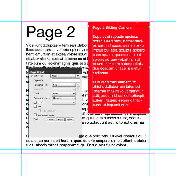 Select the frame on the A-Main Tower layer of page 2 and go to the Mag+ &gt; Mag+ Object Panel.