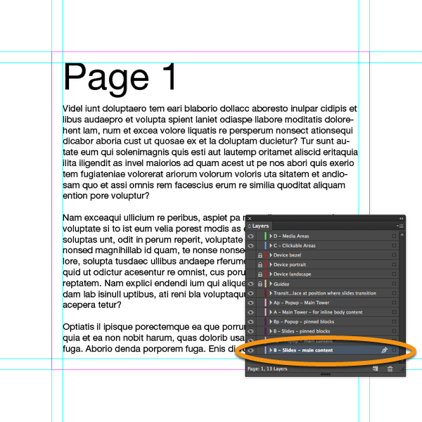 Place a text frame with some content on the layer &quot;B-Slides-Main Content&quot; in InDesign.