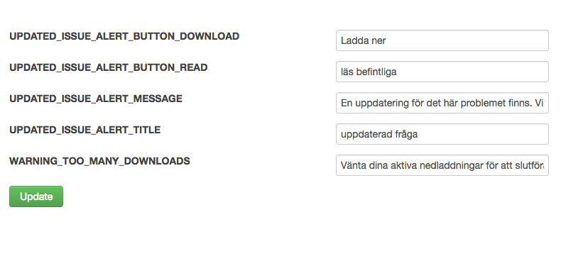 5. Translate or edit the text fields and click the "Update" button at the bottom