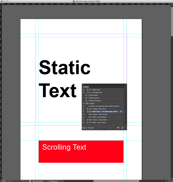 On the A - Main Tower layer, draw a filled text-box with the words &quot;Scrolling Text&quot; below the last horizontal guide.