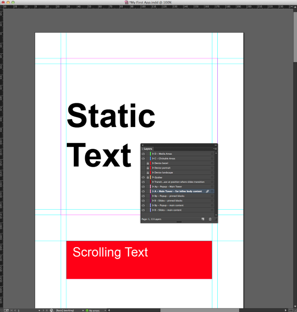 On the A - Main Tower layer, draw a filled text-box with the words "Scrolling Text" below the last horizontal guide.