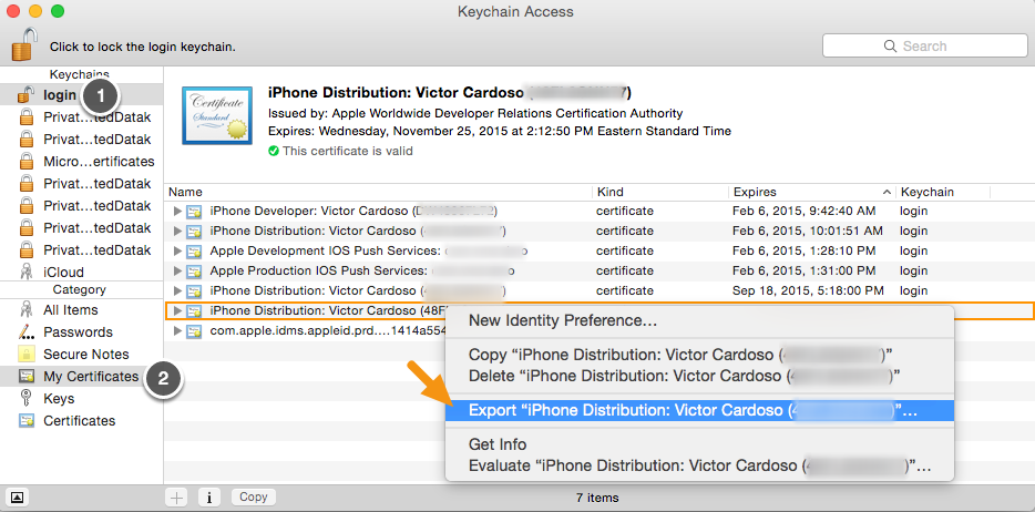 On your Mac, launch Keychain Access, select the certificate entry and right-click on it to select &quot;Export.&quot;