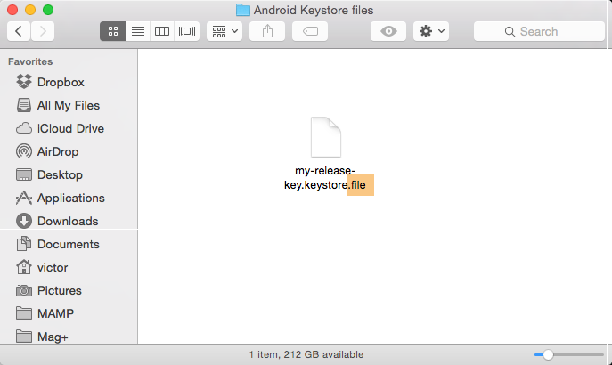 Find the "my-release-key.keystore" file in your folder and append the extension ".file" to it.