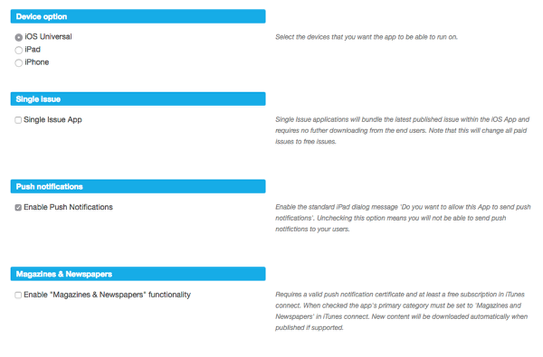 Make sure the following options are configured under Mag+ Publish portal > iOS > Build Options.