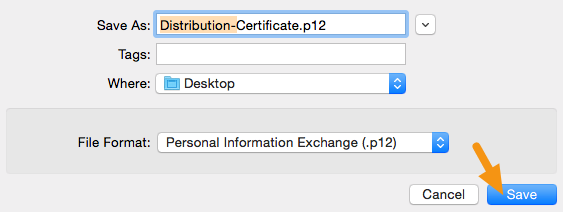In the window that appears, add "Distribution-" to the filename, make sure the File Format is set to "Personal Information Exchange (.p12)" and click on "Save" to save it to your machine.