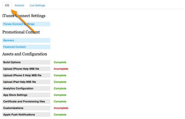 Click on the "iOS" tab to specify settings for your iOS apps.