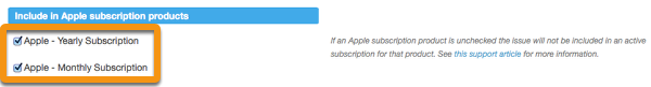 Under "Include in Apple subscription products" place a checkmark next to the Subscriptions that you want to associate with the Issue.
